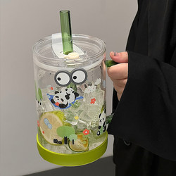 Muhan 1000ml Water Cup with Straw, High Temperature Resistant High Borosilicate Glass Cup, Large Capacity Drinking Cup for Girls in the Office