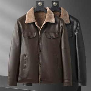 
2025 winter new men's leather jacket with velvet thickened trendy simple and versatile lapel jacket jacket for men's daddy outfit