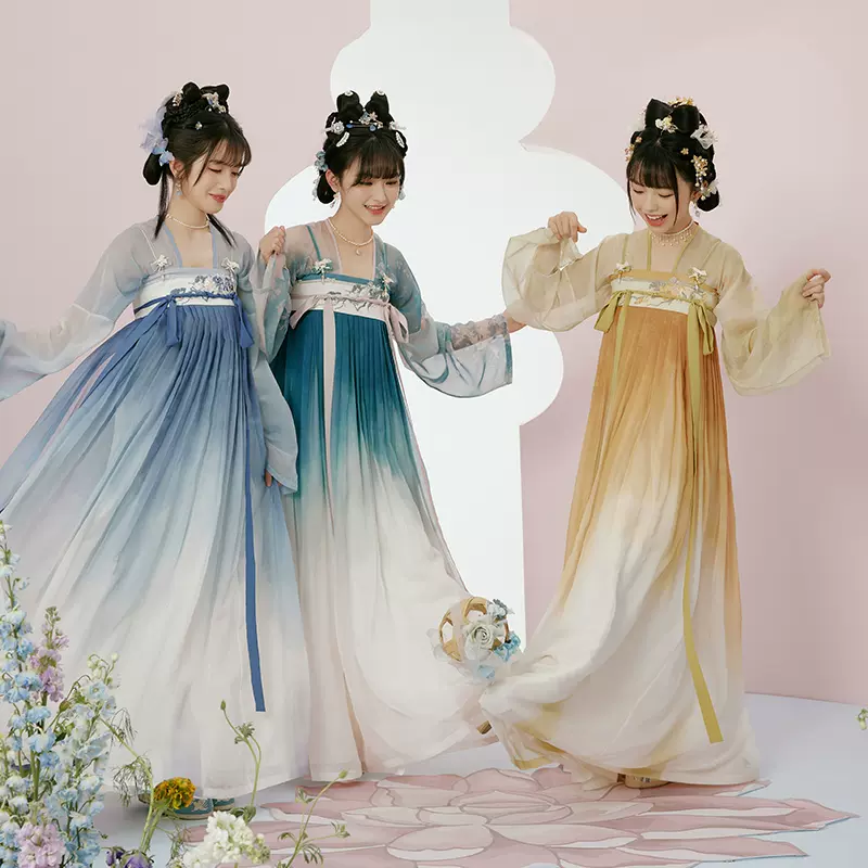 十三余小豆蔻儿[罗浮美人]绣花三色上衫齐胸裙渐变色唐制汉服女春-Taobao