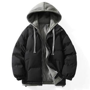 
Autumn and winter men's down cotton coat fake two-piece hooded couple's cotton coat trendy brand thickened loose coat