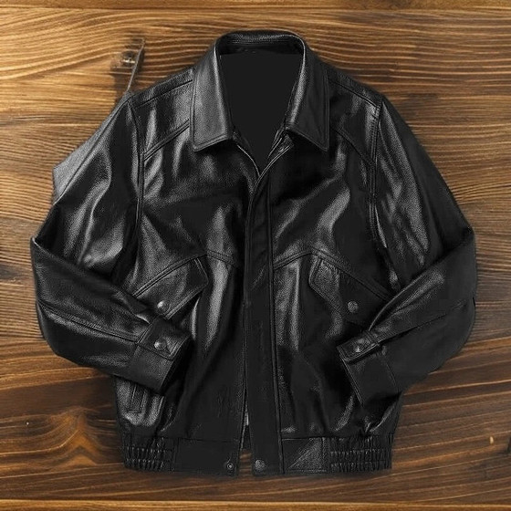 Silhouette Hong Kong style retro genuine leather jacket, first layer cowhide, classic lapel, loose pure leather jacket, same style for men and women