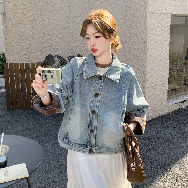 Plaid spliced ​​denim jacket for women in spring and autumn 2025 new Korean popular high-end short jacket tops