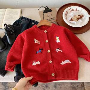
Children's sweater 2024 new style baby boys and girls fashionable cartoon embroidered red top cardigan jacket