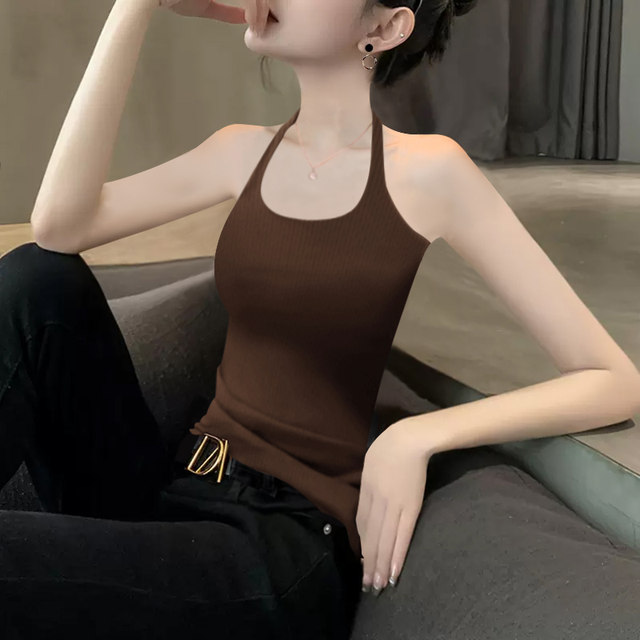 2025 new summer coffee color halterneck camisole women's knitted modal sexy chest pad base with beautiful back