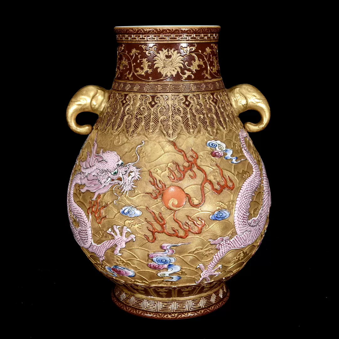 古玩古董瓷器陶瓷大清雍正年制胭脂紅描金仙鶴開窗墨彩山水天球瓶