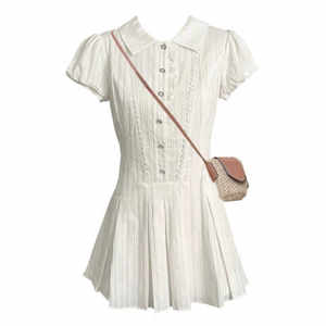 Spicy Sweet Design White Dress A -line Short Sleeping Shirt Skirt Tong School Spicy Girl Tea Skirt
