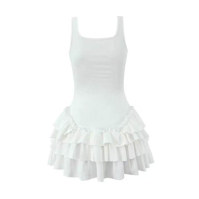 Ballet square collar white waist bow vest skirt slim A-line spliced ...