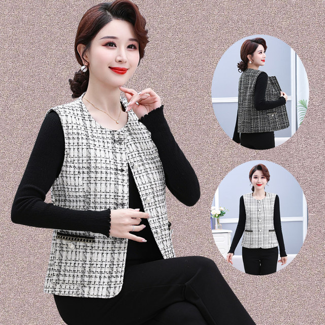 Spring and autumn thin small incense wind vest, foreign aura mothers pretend to be shoulder shoulders, middle -aged and elderly women's small short horse clip vests