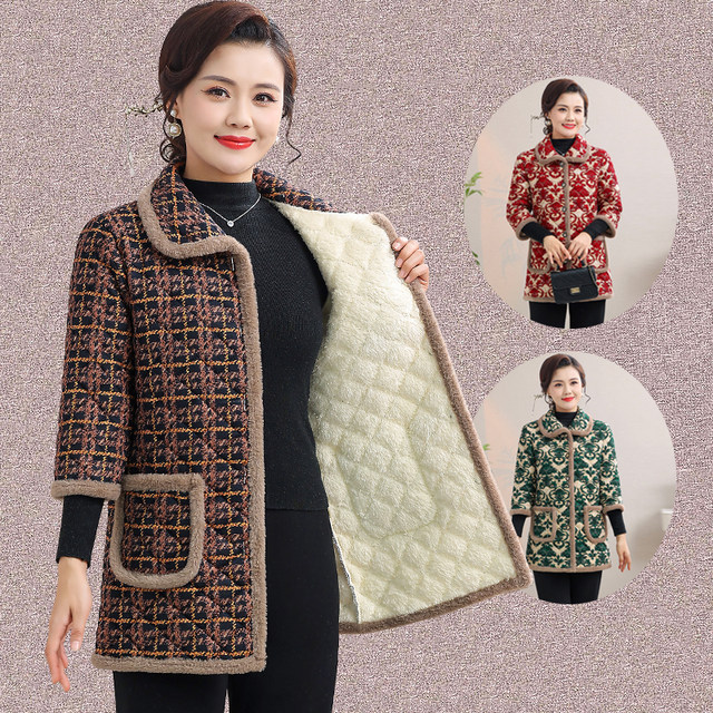 Mom's winter three-quarter sleeve plus velvet cotton jacket cotton vest middle-aged and elderly women's mid-sleeved cold-proof and warm cotton jacket horse clip

