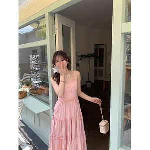 Small stature pink suspender dress for women, sweet and gentle summer style dress, temperament fairy dress, high waist slimming long skirt