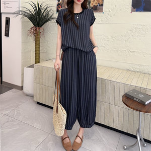 
Summer women's cotton silk rayon short-sleeved trousers two-piece loose slimming casual commuting two-piece suit