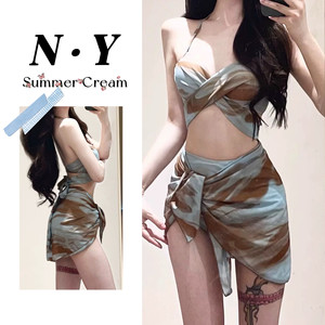 
2025 new small breasts gathered steel support blue tie-dyed split three-piece swimsuit women's bikini sexy meat cover