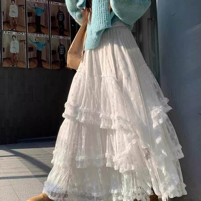 Large size women's summer French flower lace skirt with gentle temperament and sweet princess fluffy cake long skirt