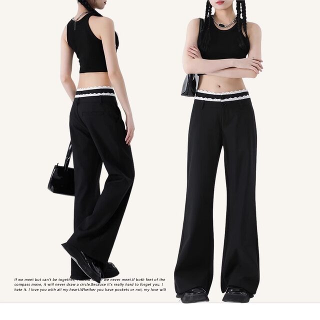Large size black lace lace micro-flare trousers for women in summer American hottie straight-leg casual pants high waist wide-leg pants