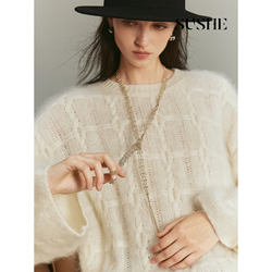 4.7【No Returns or Exchanges】【Contains Silk and Cashmere】Plaid Cable-Knit Fuzzy Pullover Sweater