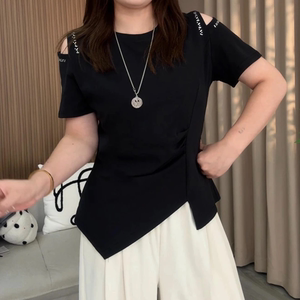 
[New] 2026 summer fat mm large size off-shoulder short-sleeved right shoulder T-shirt new waist slimming top
