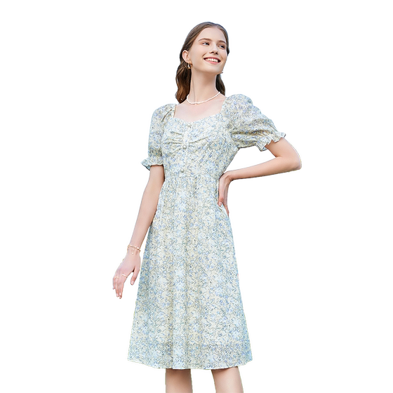 Betu Baitu women's clothing 2024 summer new high waisted floral square neck short sleeved temperament chiffon dress