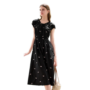 
betu Baitu black floral dress with black ears for women 2025 summer new temperament high-waist mid-length skirt