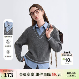 
betu Baitu Gray fake two-piece sweater women's pullover 2025 winter new age-reducing sweater