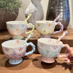 Cute Underglaze Colored Mug, High-Looking Household Drinking Cup, Large-Capacity Breakfast Cereal Cup, Ceramic Cup for Girls
