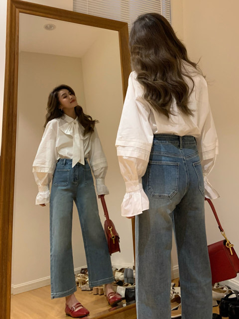 Removable bow French temperament white shirt women's puff sleeves ruffle high-end exquisite long-sleeved shirt