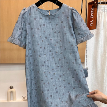 
Juelaifei large size high-end European goods summer new style fungus edge splicing polka dot loose short-sleeved dress for women