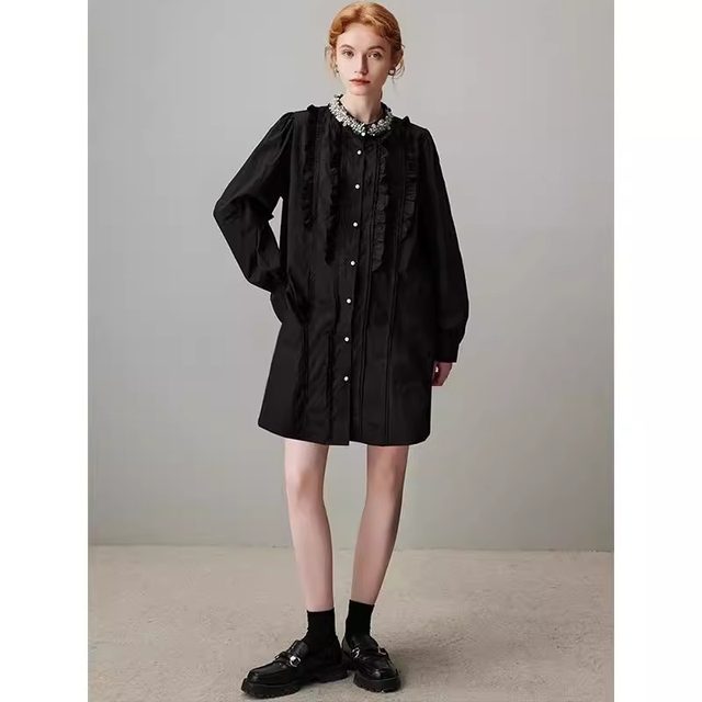 
Large size black long-sleeved shirt skirt for women in spring 2025 new beaded wood earrings slimming dress