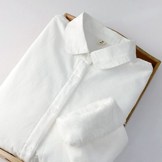 New autumn and winter style student versatile doll collar plus velvet white shirt for women long sleeves warmth and thickened basic base shirt