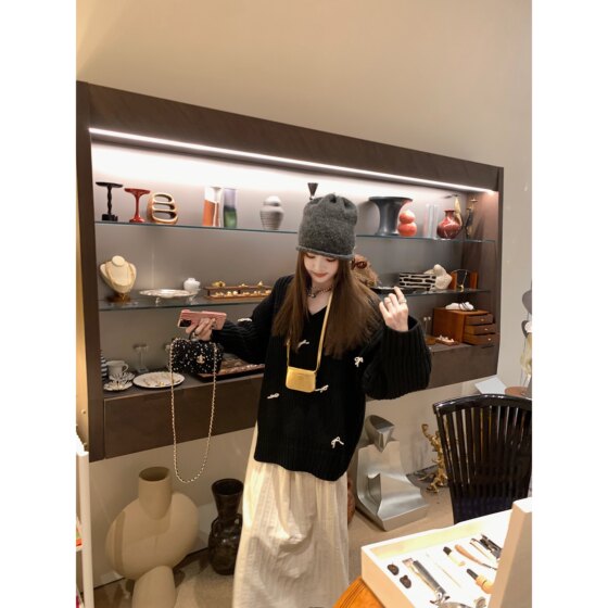 aaaaxbbb Jenny Vintage Store Pearl Bow Wool Sweater Women's Slim Korean Sweater