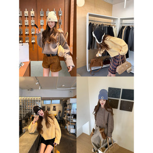 aaaaxbbb Xiabrata super warm alpaca short sweater round neck loose slimming top for women