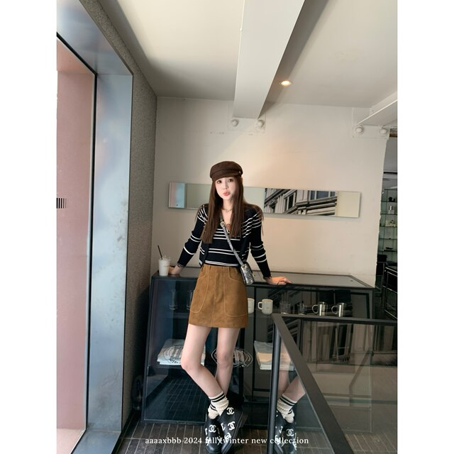 aaaaxbbb Sunset Barcelona three-color big pocket short skirt Korean style versatile temperament A-line skirt