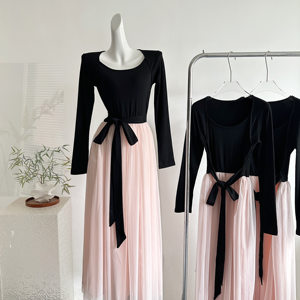
French Gentle Style Dress Contrast Color Splicing Birthday Skirt Women's Autumn and Winter Temperament Lace-Up Waist Mesh Long Skirt