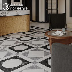 Medieval Style Black and White Gray Marble Texture Retro Small Flower Tiles Living Room Balcony Courtyard House Chain Hotel Floor Tiles
