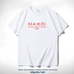 Trendy Chinese-Style T-Shirt with Funny Text, Central Drama Academy, for Male Teenagers and Students, Round Neck, Short Sleeve, Pure Cotton