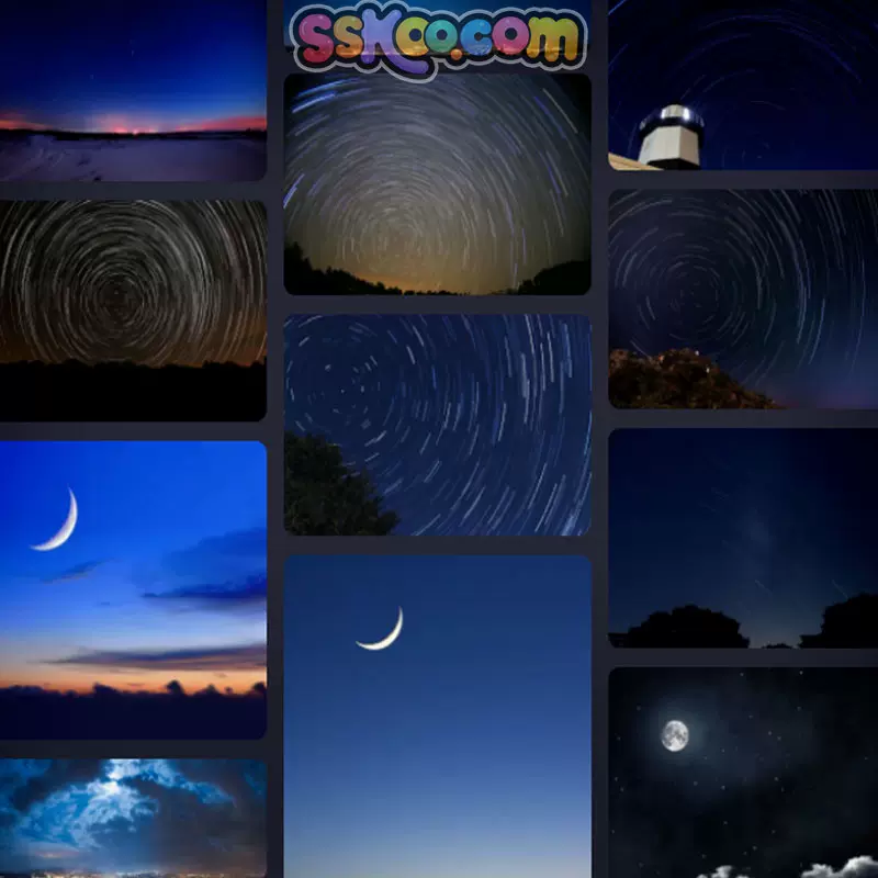夜空日月繁星星軌插圖照片風景壁紙高清4k攝影圖片設計背景