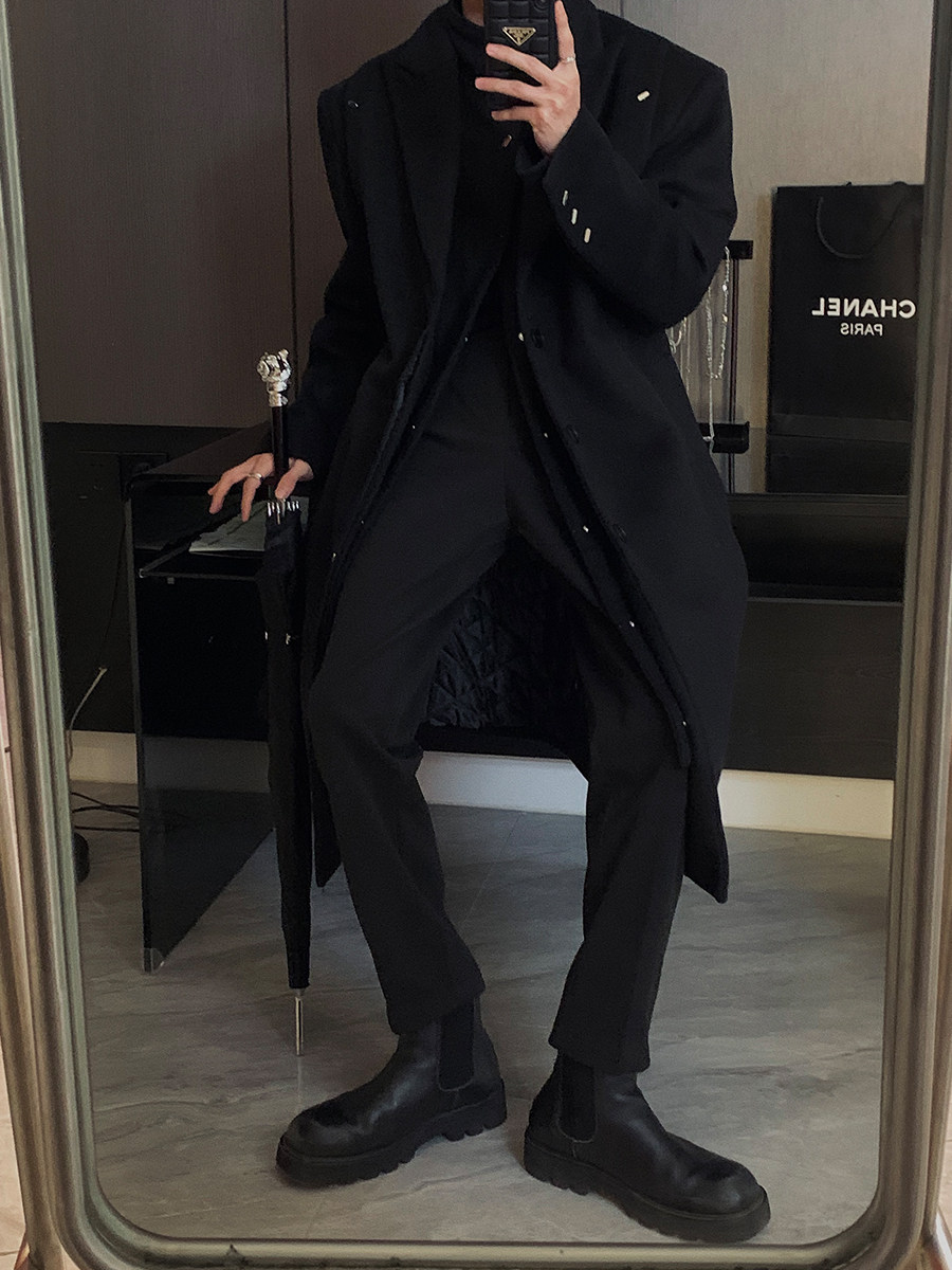 Manteau Long Homme Style Coréen En Laine - Noir, Taille XXL - Pour Automne/Hiver, Design Élégant à Boutons