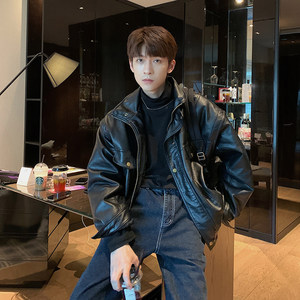 Hualun winter tide brand wild black handsome soft leather jacket male trendy handsome tide jacket
