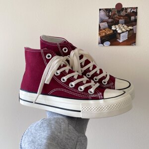
2026 spring and summer new burgundy versatile high-top canvas shoes for women Hong Kong style street style shoes for women ins