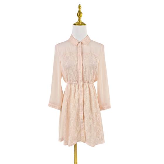 K2087 Summer New Lace Splicing High Waist Women's Skirt, Collar Lace Skirt, Temperament Nine Sleeve Chiffon Dress