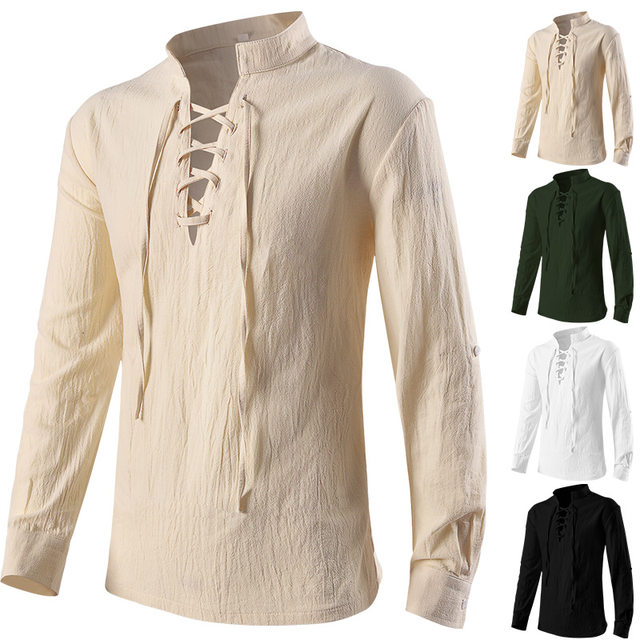 European and American retro men's stand-up collar tied rope solid color shirt, medieval long-sleeved loose game clothing stage dress