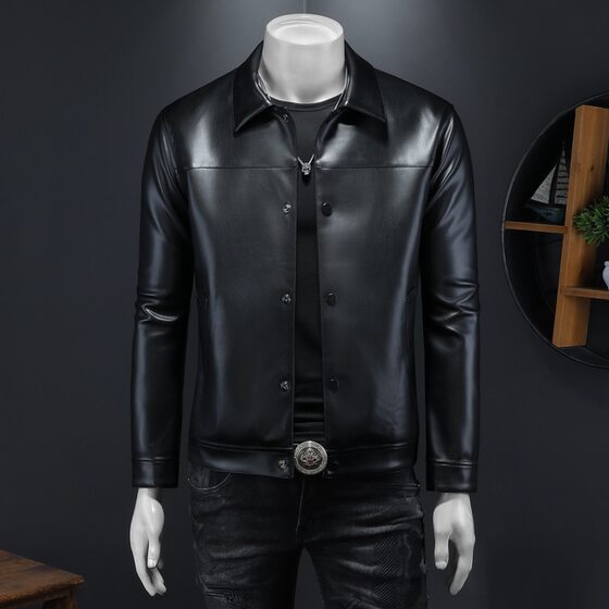 
This year's popular special offer European station 2025 spring new men's lapel leather jacket trendy PU leather motorcycle