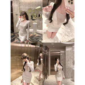 
CCZEE [Film Mist] Mesh silver chain knitted long-sleeved dress for women winter high-waisted slimming hip skirt