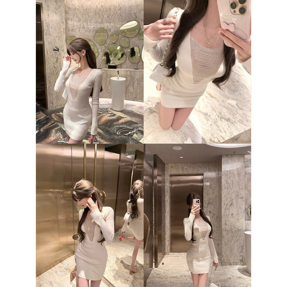 
CCZEE [Film Mist] Mesh silver chain knitted long-sleeved dress for women winter high-waisted slimming hip skirt