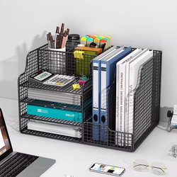 Desk Storage Rack, Metal File Rack, File Organizer, Office Supplies File Storage Box, Desktop Bookshelf, Multi-Layer Large Capacity File Frame, A4 Paper Document Organizer, Book Stand