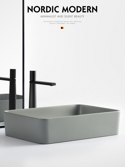 灰色极简台上盆洗手台|北欧风方形洗脸盆|卫生间陶瓷水盆
