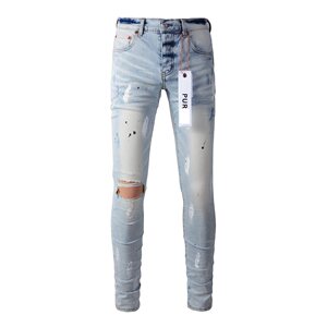 European and American trendy brand PUR new light color splash ink graffiti ripped jeans men's stretch slim feet pants trousers
