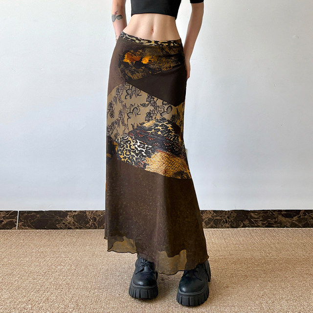 DARLINGAGA vacation style retro spliced ​​printed mesh skirt for women's brown versatile hip straight long skirt