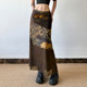 DARLINGAGA vacation style retro spliced ​​printed mesh skirt for women's brown versatile hip straight long skirt