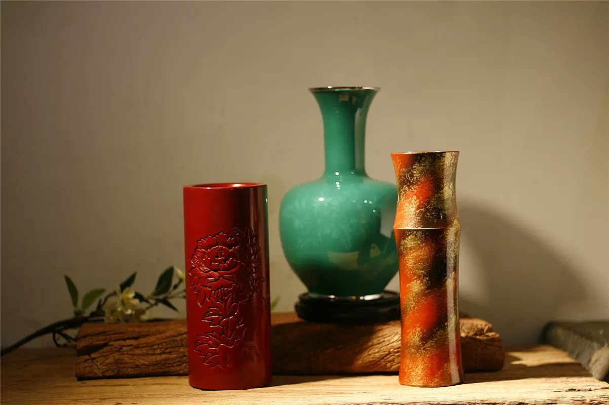 日本工艺花瓶 堆朱牡丹漆瓶 影花七宝花瓶 朱色刷金铜花瓶