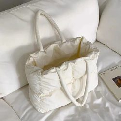 Cotton Tote Bag, Women's Shoulder Bag, Large Capacity Student Class Bag, Simple Solid Color Handbag, Commuter Bag, Puff Bag